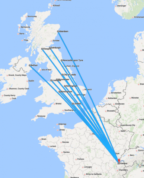 Map of UK to Meribel connections